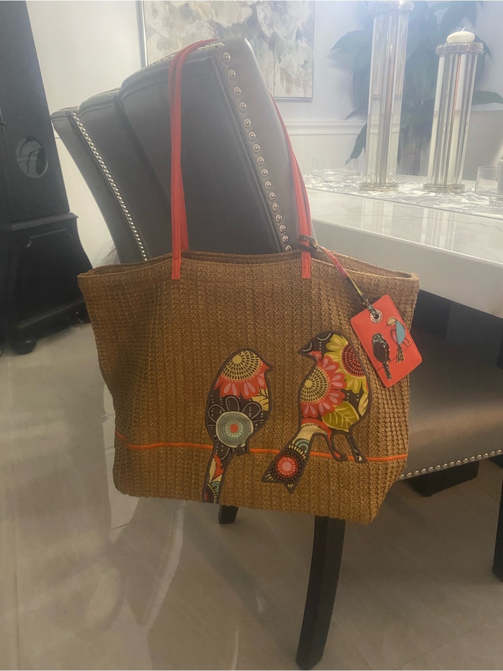 Vera Bradley Woven Tote Bag Beach Bag with Colorful Bird Appliqué